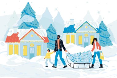 Mutlu aile kızakla Noel ağacı taşıyor.