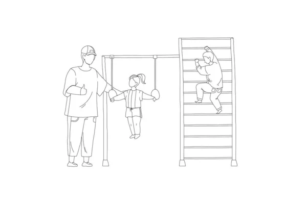 Padre control niños haciendo deporte línea de entrenamiento vector — Archivo Imágenes Vectoriales