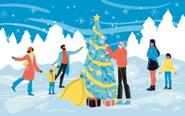 Des gens heureux autour de l'arbre de Noël célèbrent les vacances d'hiver — Image vectorielle