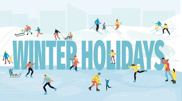 Winter holidays text poster with happy people having fun — 图库矢量图片