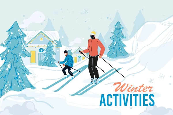 Esqui em família desfrutar de inverno atividade desportiva design de cartaz —  Vetores de Stock