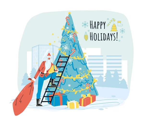 モミの木の下に贈り物を置くサンタと幸せな休日のデザイン — ストックベクタ