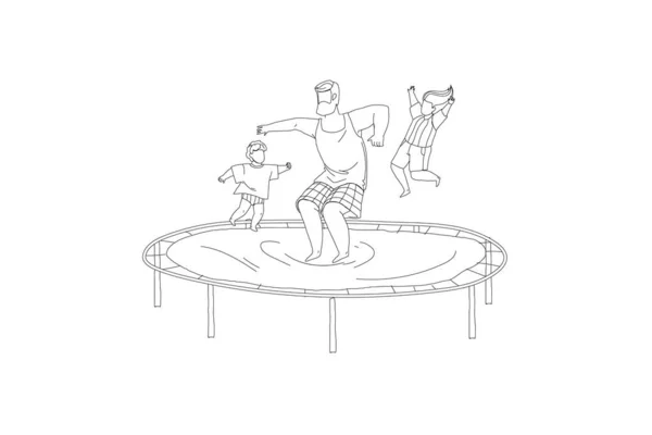 Padre con los niños saltar en el vector de línea de trampolín — Archivo Imágenes Vectoriales