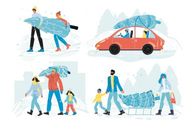 Noel ağacı taşıyan mutlu insanlar izole edilmiş