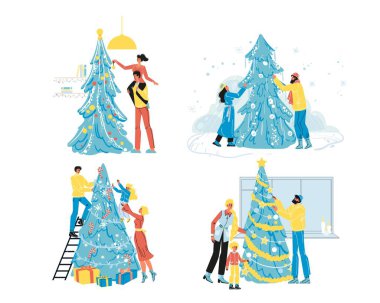 Mutlu insanlar Noel ağacı vektörü setini dekore ediyor