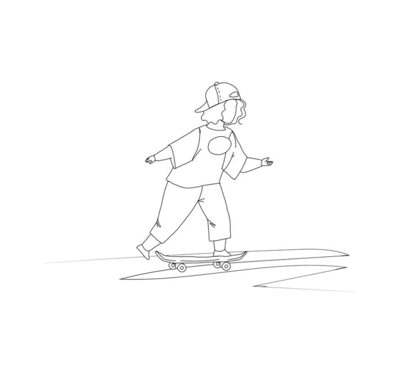 Підліток хлопчик-дівчинка їзда скейтборд контур вектор — стоковий вектор