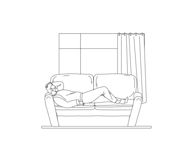 Hombre vestido procrastinating en sofá contorno vector — Archivo Imágenes Vectoriales