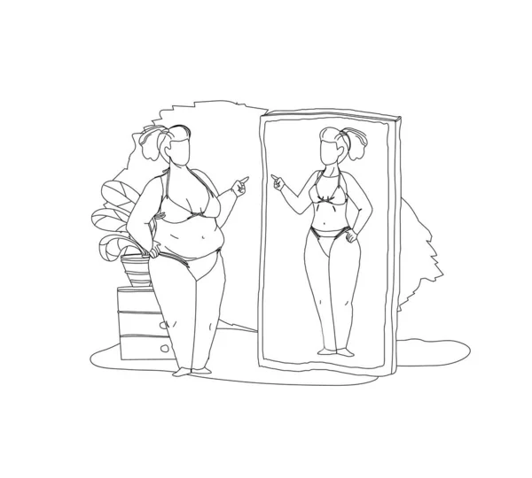 거울을 보고 있는 뚱뚱 한 여자 — 스톡 벡터