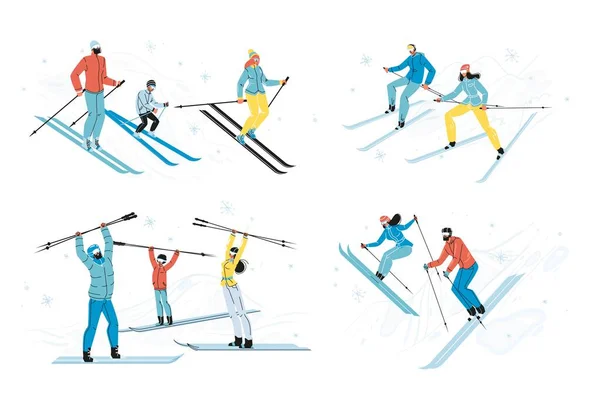 Gelukkige mensen skiër sneeuw karakter geïsoleerde set — Stockvector