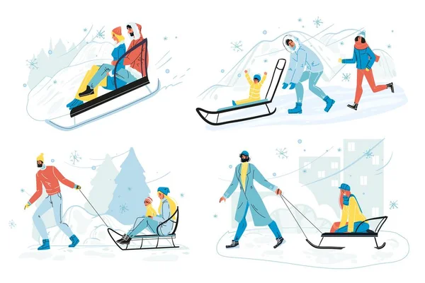 Happy people sliding on sleigh isolated vector set — Stock Vector