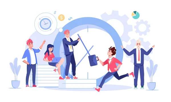 People working over huge clock vector illustration — 图库矢量图片