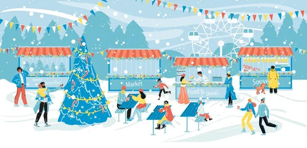Les gens se reposent au parc d'attractions d'hiver sur Noël — Image vectorielle