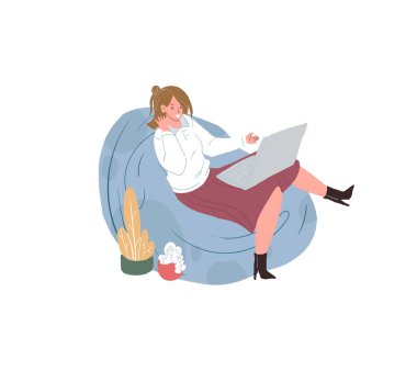 Cartoon flat woman character uses laptop,mobile app using and online social communication vector illustration concept