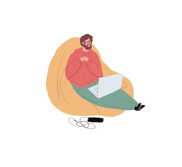 Cartoon flat man character uses laptop,mobile app using and online social communication vector illustration concept — стоковый вектор