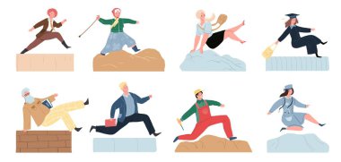 Düz çizgi film karakterleri engellerin üzerinden atlıyor, metafor vektör illüstrasyon kavramına ulaşmada başarılı oluyor