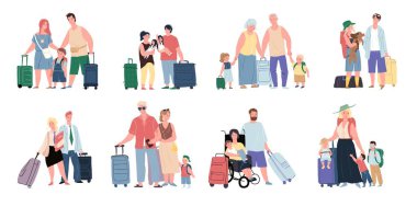 Flat cartoon families travelers characters,vector concept set clipart