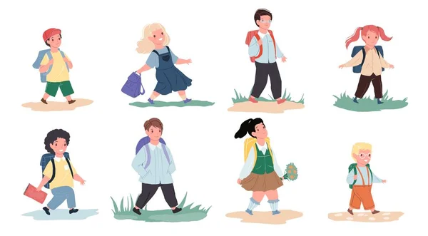Плоский мультфильм счастливые дети герои ходить в школу, векторная концепция иллюстрации — стоковый вектор