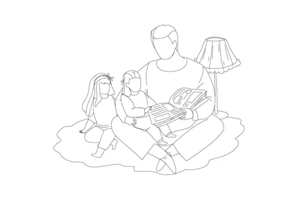 Vader leest voor voor het slapen gaan sprookjesachtige lijn vector — Stockvector