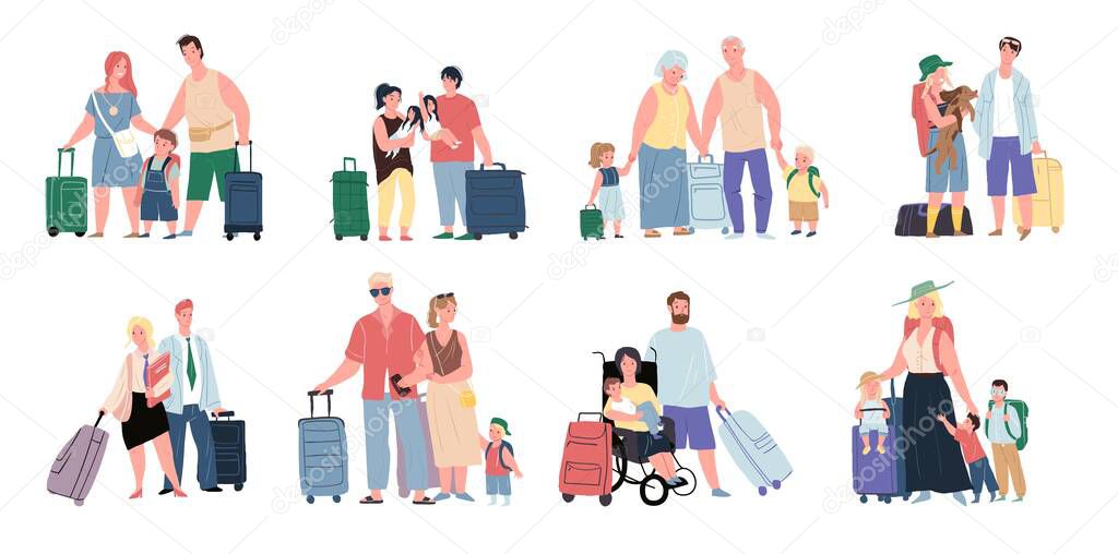 Flat cartoon families travelers characters,vector concept set