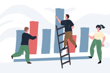 Düz çizgi film karakterleri uzmanları iş yerinde, çevrimiçi veri analizi ve dijital teknoloji vektör illüstrasyon konsepti