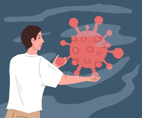 Cartone animato piatto uomo personaggio con coronavirus gigante, profilassi antivirale e trattamento medico concetto illustrazione vettoriale — Vettoriale Stock