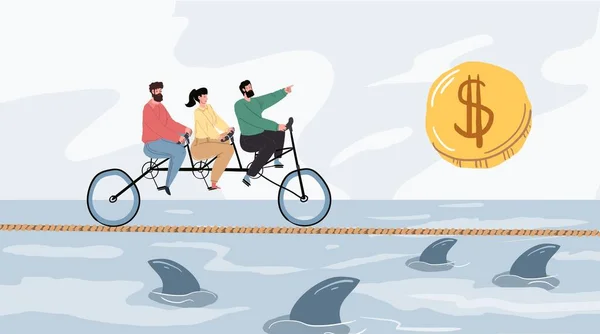 Płaskie postacie z kreskówek jeździ tandem rower, analiza ryzyka finansowego i zarządzania pieniędzmi wektor ilustracji koncepcji — Wektor stockowy