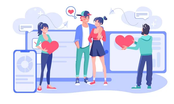 Mensen met behulp van dating app om liefde vector illustratie te vinden — Stockvector