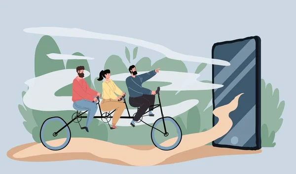 Płaskie postacie z kreskówek jeździć rowerem w kierunku ogromnego smartfona, cyfrowy detox wektor ilustracji koncepcji — Wektor stockowy