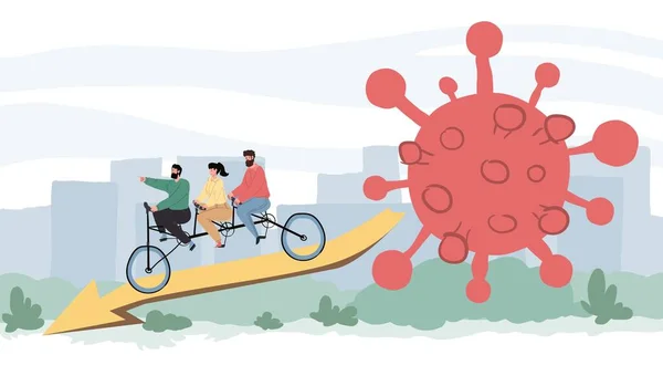 Personaggi dei cartoni animati piatto cavalca bicicletta, coronavirus profilassi antivirale e trattamento medico concetto illustrazione vettoriale — Vettoriale Stock