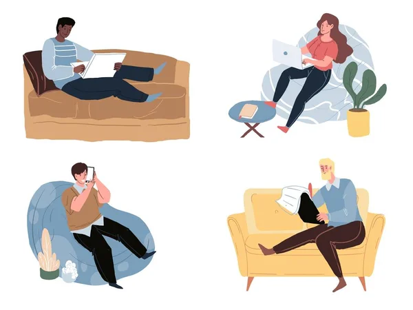 Desenhos animados personagens planos sentados no sofá e cadeiras, lazer em casa e trabalho on-line conjunto de ilustrações vetoriais — Vetor de Stock