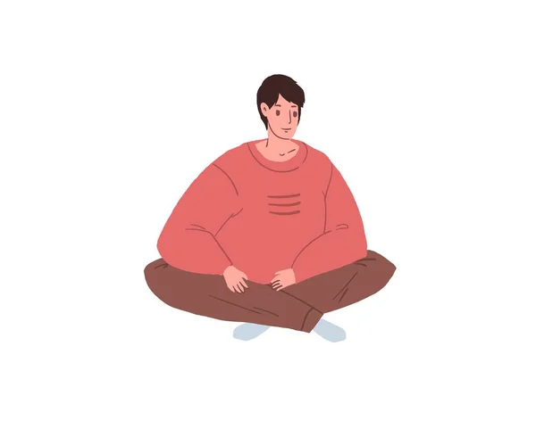 Plochý kreslený muž postava sedí v lotosové poloze, relaxační cvičení jóga cvičení vektorové ilustrace koncept — Stockový vektor