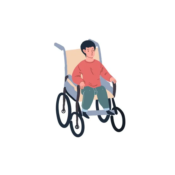 Il personaggio del bambino del fumetto piatto si siede sulla sedia a rotelle, cura e supporto per bambini disabili, concetto di illustrazione vettoriale dell'infanzia felice — Vettoriale Stock