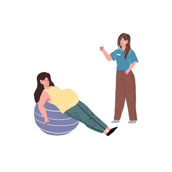 Flat cartoon women characters,pregnancy courses and classes,healthy happy motherhood social medical vector illustration concept Vector Graphics