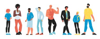 Farklı etnik kökeni, vücut şekli, boyu ve ağırlığı olan bir adam.