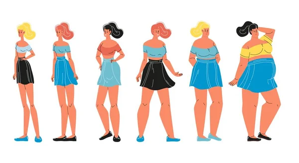 Mujer que tiene diferentes tipos de forma y tamaño del cuerpo — Vector de stock