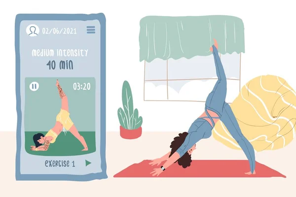 Flache Cartoon-Frauenfigur tut Yoga-Pose, Sport Online App verwenden Vektor Illustration Konzept lizenzfreie Stockvektoren