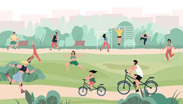 Cartoon flache Charaktere bei verschiedenen Outdoor-Sportaktivitäten im Stadtpark, gesunder sportlicher Lebensstil Vektor Illustrationskonzept Stockvektor