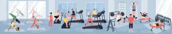 Cartoon flache Charaktere, die verschiedene sportliche Aktivitäten im Fitnessstudio ausüben, gesunder sportlicher Lebensstil Vektor Illustrationskonzept lizenzfreie Stockvektoren