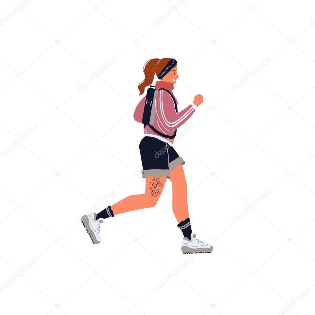 Flat cartoon running woman character,sporty healthy lifestyle vector illustration concept