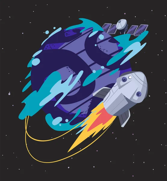 Cohete y azul planeta — Vector de stock