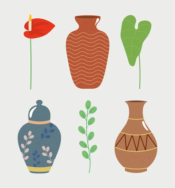 陶器の花瓶や葉 — ストックベクタ