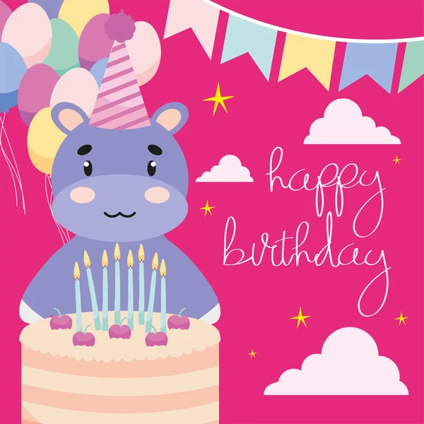 Hipopótamo de cumpleaños y pastel — Vector de stock