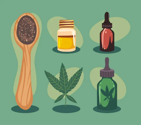 Cinco artículos de cannabis cbd — Vector de stock