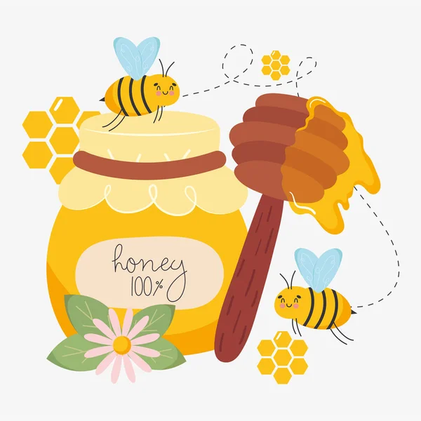 Tarro de miel y abejas — Vector de stock