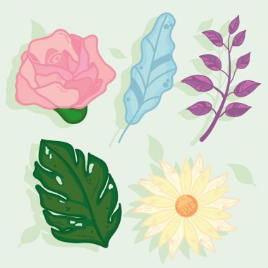 Beş çiçek ve yaprak