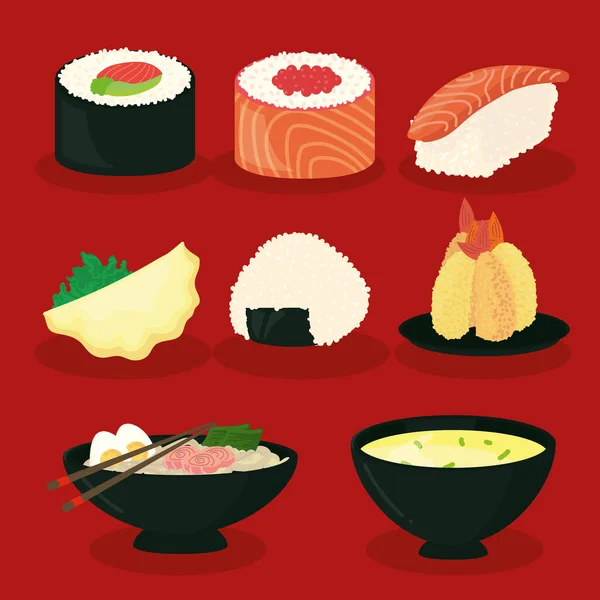 Eight japanese dishes — Stock Vector