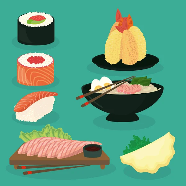 Sete alimentos japoneses — Vetor de Stock