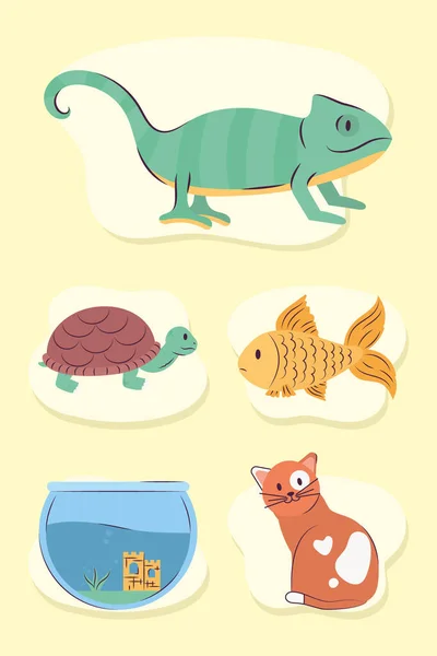 Quatre animaux de compagnie et bol à poisson — Image vectorielle