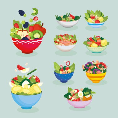 Dokuz sağlıklı yemek kasesi.