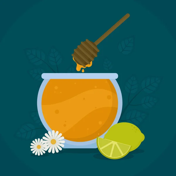 Tarro de miel con rodaja de limón y margarita — Vector de stock